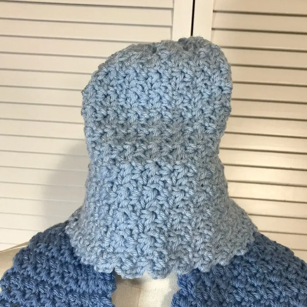 NWT Handmade Crochet Textured Winter Shade of Blue Scarf 64” & Beanie